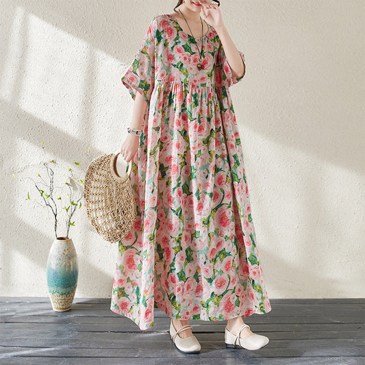 Women's Maxi Dress – Floral Pattern – Loose Fit – V-Neck – 3/4 Sleeves