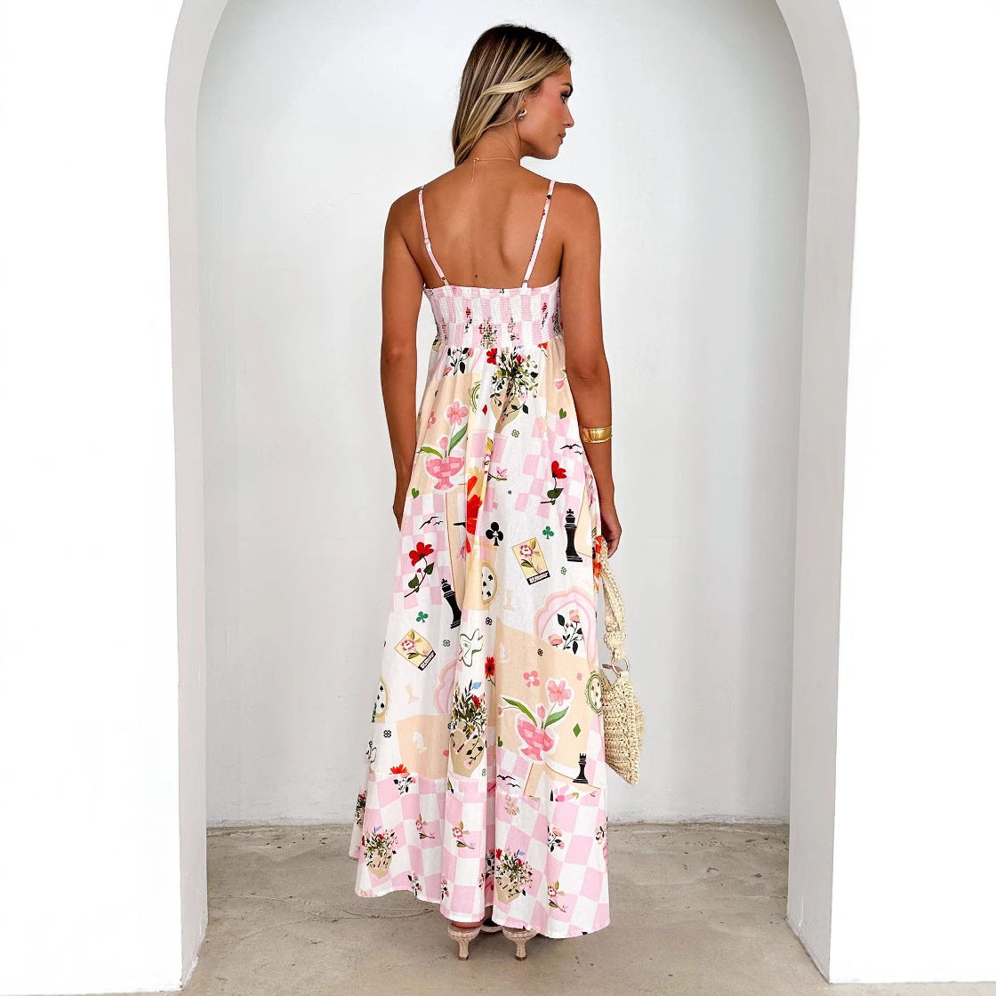 Dress for Women – Maxi A-line – Lightweight – Floral Print – Backless with Straps