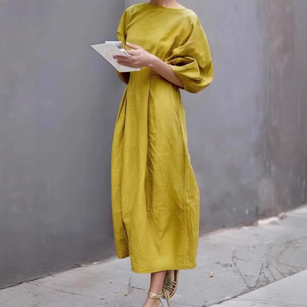 Women's Long Dress – Loose Fit – Puff Sleeves – Round Neck – Light and Breathable