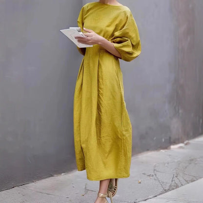 Women's Long Dress – Loose Fit – Puff Sleeves – Round Neck – Light and Breathable