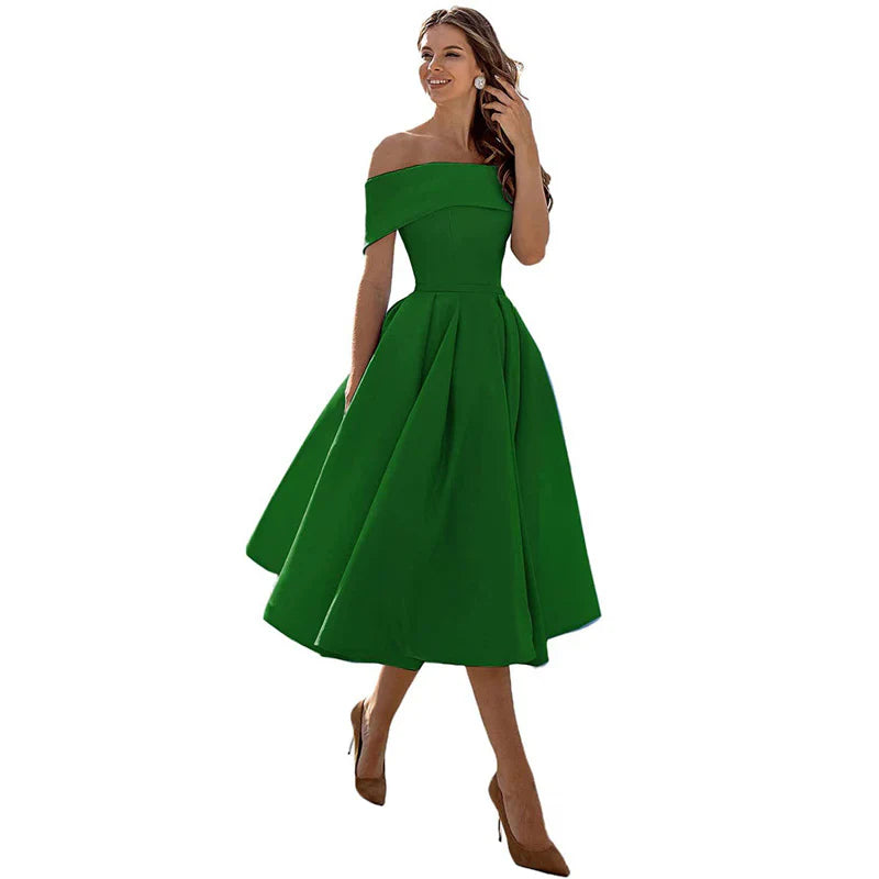 Women's Midi Dress - Elegant Off-Shoulder - Fit & Flare - Formal Party Look