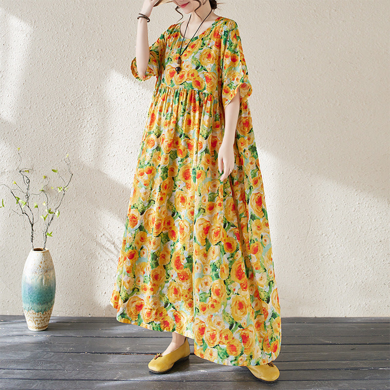Women's Maxi Dress – Floral Pattern – Loose Fit – V-Neck – 3/4 Sleeves