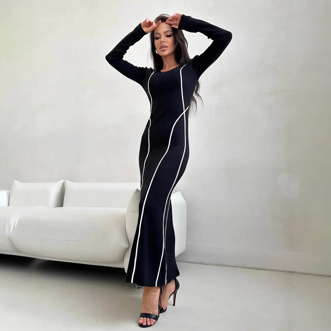 Dress for Women – Bodycon Fit – Stretch Material – Long Sleeve – Contrast Stitching