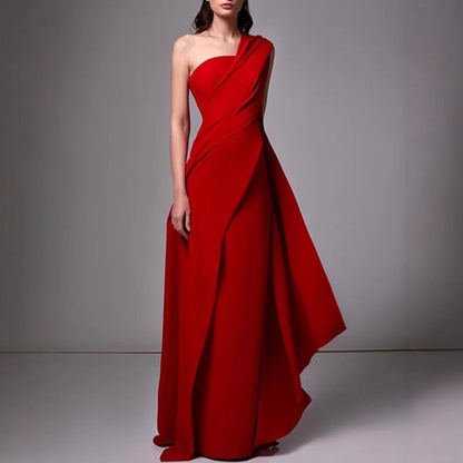 Women's Evening Dress – Floor-Length – Slim Fit – Asymmetric One Shoulder – Elegant Draping