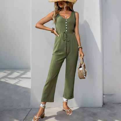 Women's Jumpsuit – Textured Fabric – Sleeveless V-neck – Belt at Waist – Button Details