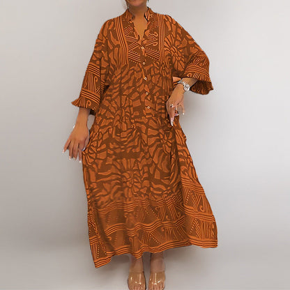 Women's Dress – Loose Fit – Lightweight Fabric – Mid-Length – Print – Button Closure – Rolled-Up Sleeves