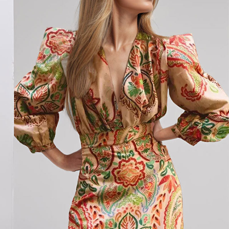 Dress for Women – A-line Cut – Satin Look – V-neck – Long Sleeves – Paisley Pattern