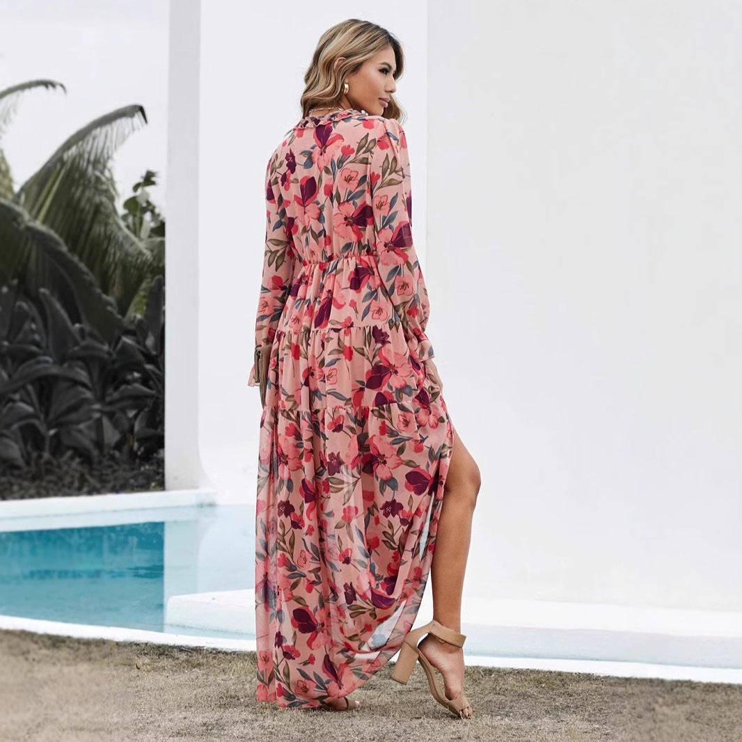 Women's Maxi Dress – Chiffon – Bohemian Fit – V-neck – Long Sleeves – Floral Print