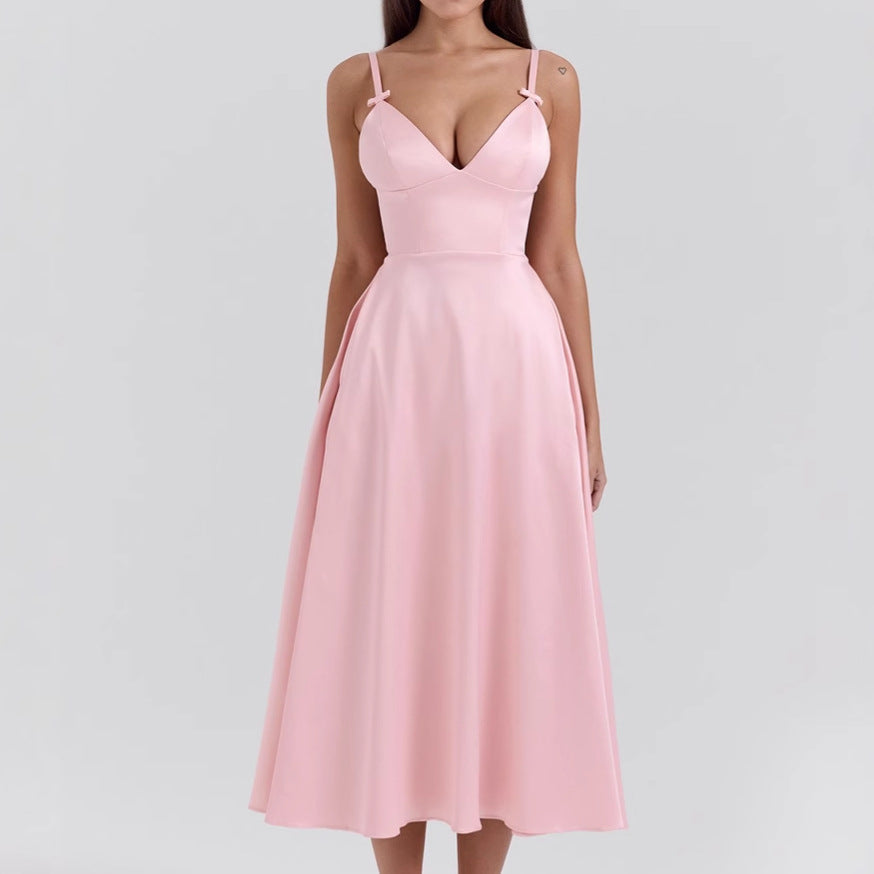 Dress for Women – Satin Look – V-Neck – Spaghetti Straps – A-Line – Midi Length