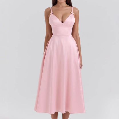 Dress for Women – Satin Look – V-Neck – Spaghetti Straps – A-Line – Midi Length