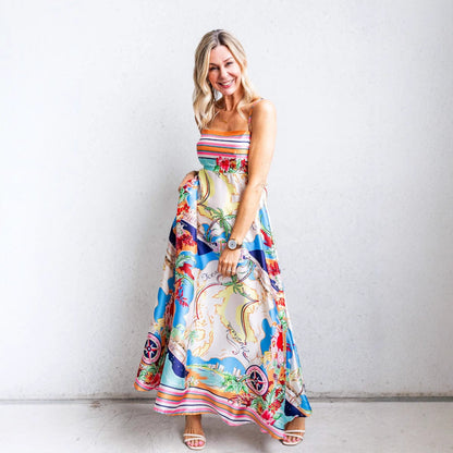 Women's Maxi Dress – Silky Soft Lightweight Fabric – High Waist – Spaghetti Straps – Tropical Print