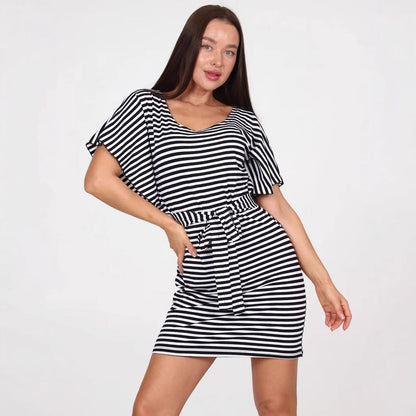 Women's Dress – Mini – Slim Fit – Striped – Short Sleeve – Belt – Round Neck