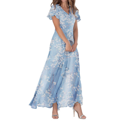 Women's Maxi Dress – A-line Fit – V-neck – Short Sleeves – Light and Elegant