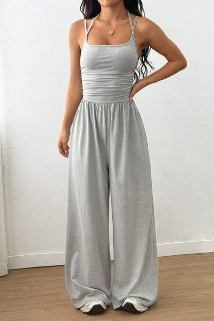 Women’s Halter Wide-Leg Jumpsuit – Ruched Waist  – Flowy Summer Fit