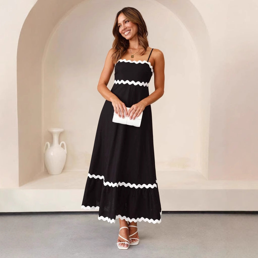 Dress for Women – Maxi A-line Fit – Lightweight Cotton – Strapless with Spaghetti Straps – Wavy Hem Detail