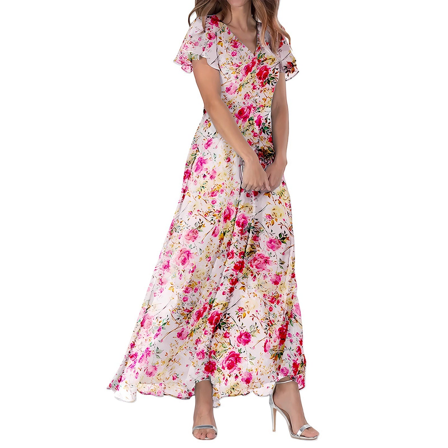 Women's Maxi Dress – A-line Fit – V-neck – Short Sleeves – Light and Elegant