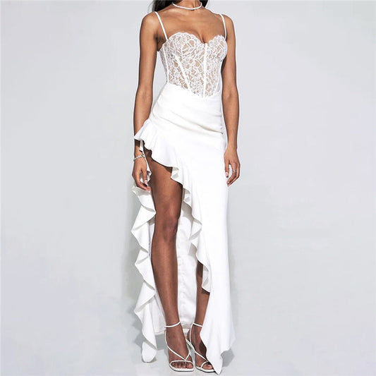 Dress for Women – Maxi – Slim Fit – Lace Top – Ruched Slit with Straps