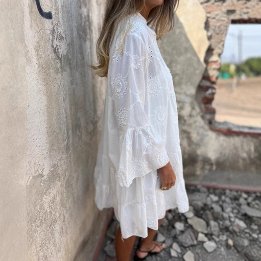 Women’s Cotton Dress - Embroidered Eyelet Lace - Loose Fit - V-Neck Boho Style