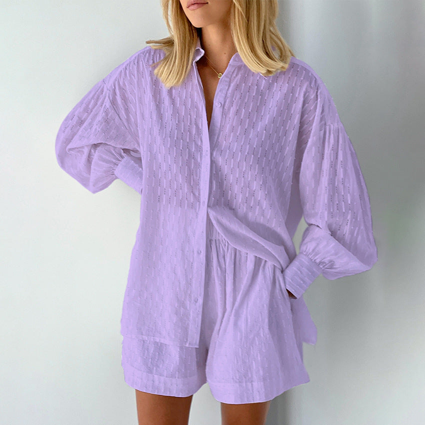 Women's Set with Blouse and Shorts – Relaxed Fit – Jacquard – Puff Sleeves – Elastic Waist