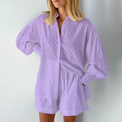 Women's Set with Blouse and Shorts – Relaxed Fit – Jacquard – Puff Sleeves – Elastic Waist