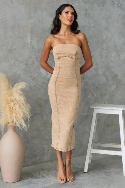 Women's Strapless Denim Dress – Slim Fit – Midi Length – Structured Seam Detailing