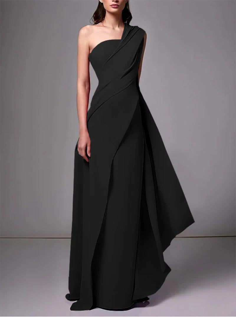 Women's Evening Dress – Floor-Length – Slim Fit – Asymmetric One Shoulder – Elegant Draping