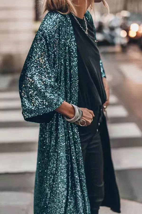 Isla Sequin Embellished Relaxed Fit Cardigan | Open Front Three-Quarter Sleeve Cardigan