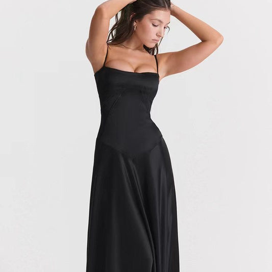 Women's Evening Dress – Satin Look – Spaghetti Straps – Open Back – Floor-Length Elegance