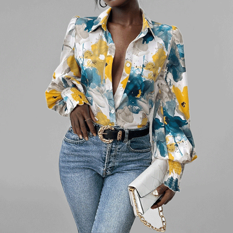 Women's Shirt – Oversized Fit – Ruffle Sleeves – Floral Print – Smocked Cuffs