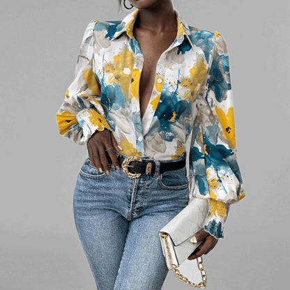 Women's Shirt – Oversized Fit – Ruffle Sleeves – Floral Print – Smocked Cuffs
