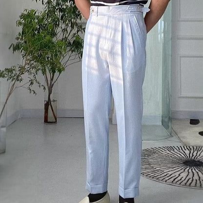 Men's Trousers – Straight Leg – High Waist – Front Pleats – Textured Breathable Fabric