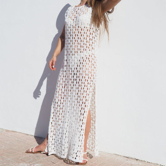 Women's Maxi Dress – Sleeveless Crochet Knit – Side Slit – Sheer Relaxed Fit