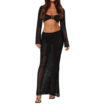 Women's Knit Skirt Set – Slim Fit – Long-Sleeve Crop Top – Breathable Soft Knit