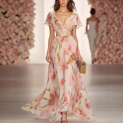 Women's Maxi Dress – Fit and Flare – Chiffon – Deep V-Neck – Floral Print – Elegant Sleeves