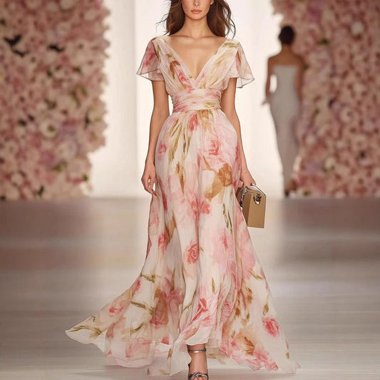 Women's Maxi Dress – Fit and Flare – Chiffon – Deep V-Neck – Floral Print – Elegant Sleeves