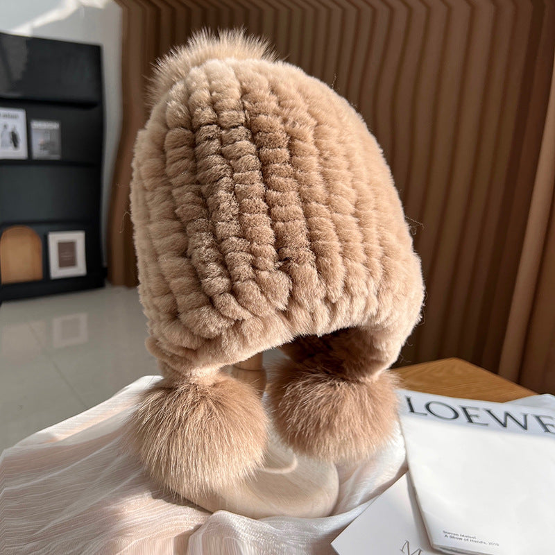 Isla Ribbed Fur Trim Beanie Hat | Pompoms Solid Beanie Hat