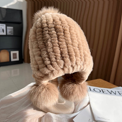 Isla Ribbed Fur Trim Beanie Hat | Pompoms Solid Beanie Hat