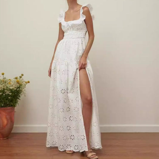 Women's Maxi Dress – Slim Fit – Natural Fibers – Ruched Straps – Slit