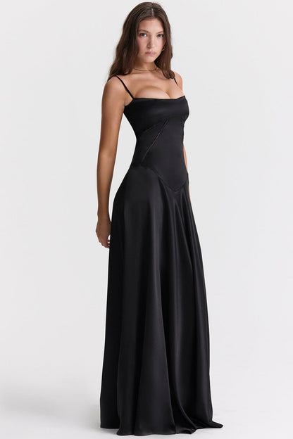 Women's Evening Dress – Satin – A-line Fit – Spaghetti Straps – Cut-out Waist