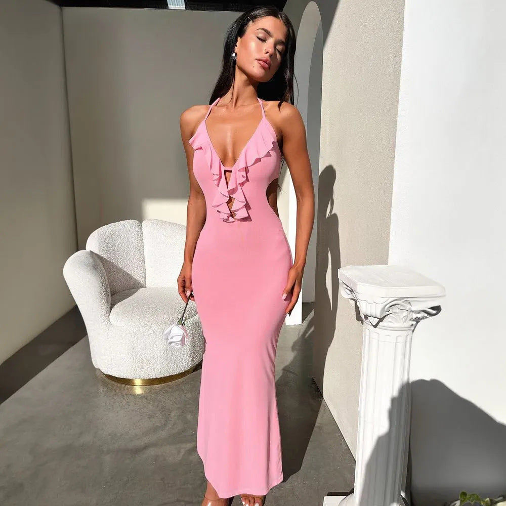 Women's Maxi Dress – Slim Fit – Ruffle Collar – Front Cutout – Adjustable Straps