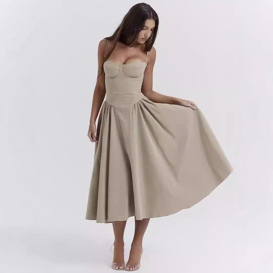 Women's Midi Dress – Fitted Bodice – Spaghetti Straps – A-Line Pleated Skirt