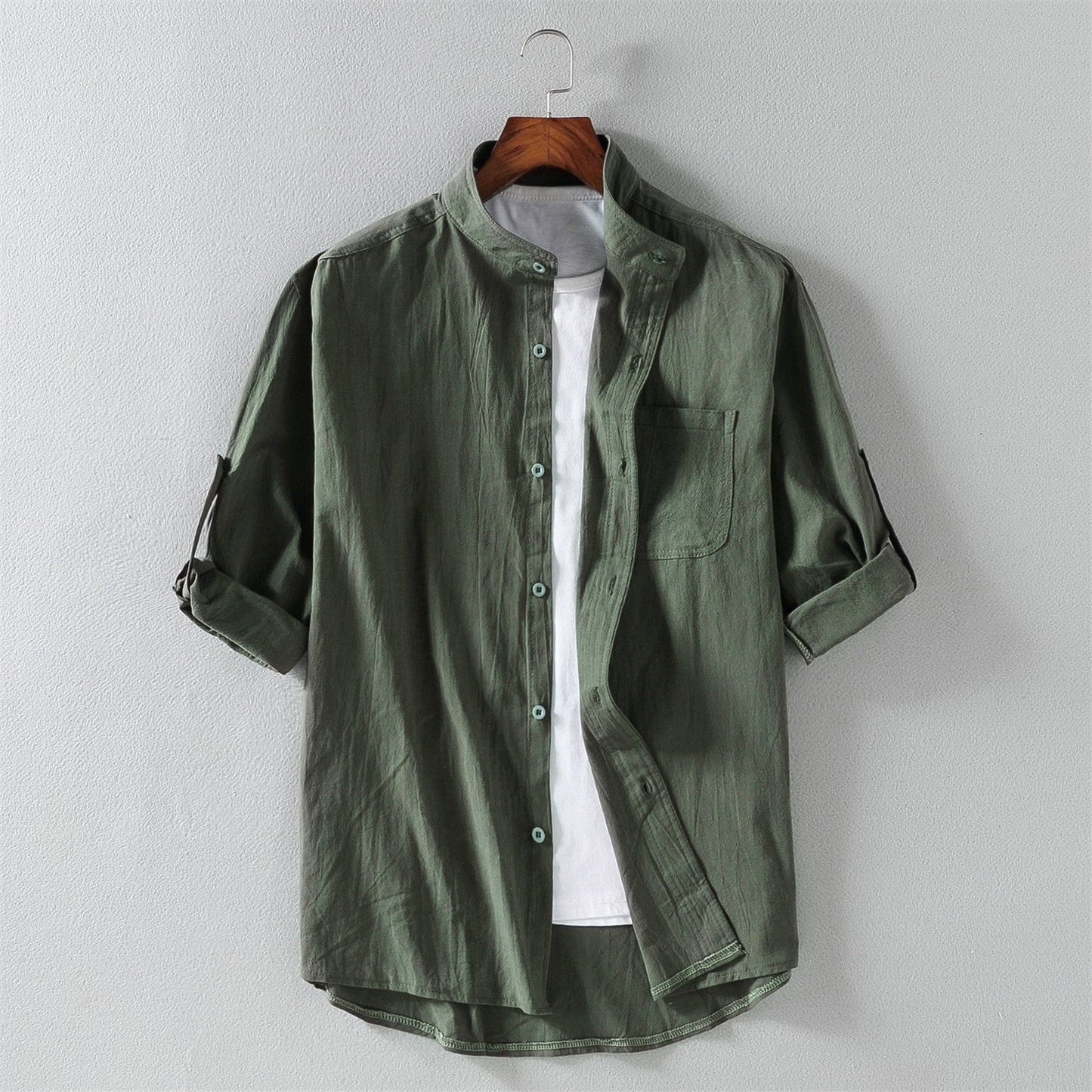 Men's Shirt with Short Sleeves – Relaxed Fit – Linen Blend – Mandarin Collar