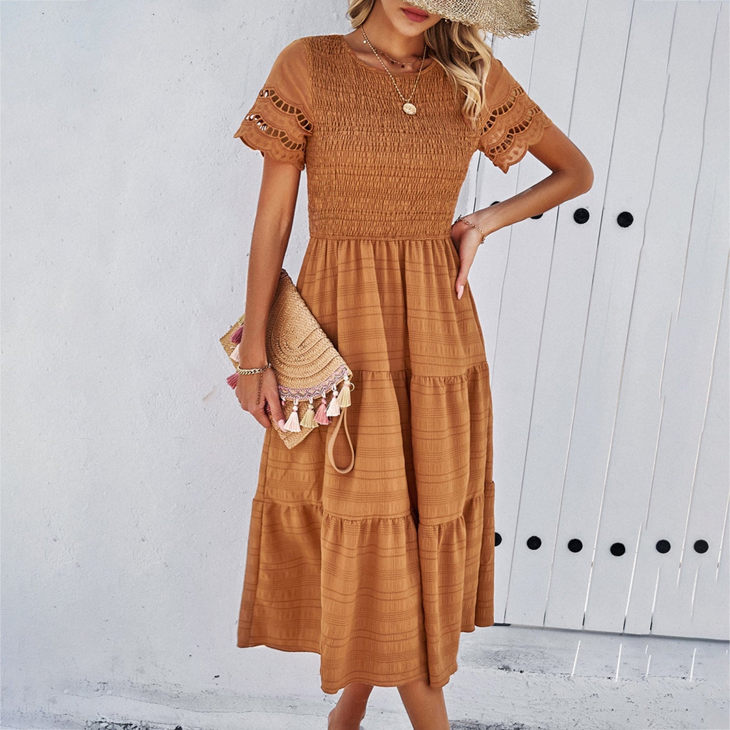 Dress for Women – Smocked Bodice – Layered Skirt – Short Sleeves with Cutout – Loose Fit