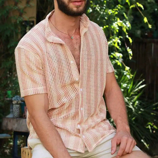 Men's Shirt – Mesh Material – Relaxed Fit – Short Sleeves – Button Closure