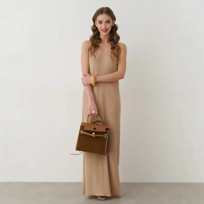 Women's Maxi Dress – Sleeveless – V-Neck – Pleated – Relaxed Fit – Spaghetti Straps