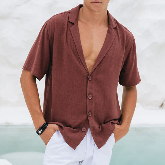 Men's Shirt – Relaxed Fit – V-Neck with Lapel – Short Sleeves – Breathable Fabric