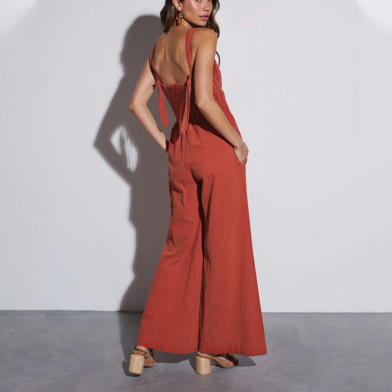 Women's Jumpsuit – Wide Legs – Sleeveless – Elastic Waist – Lightweight Cotton Linen