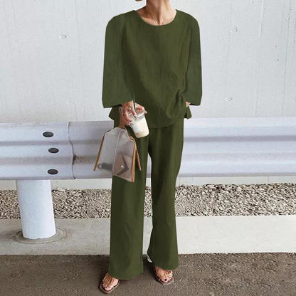 Women's Set – Linen – Relaxed Fit – Long-Sleeved Top – Wide Pants