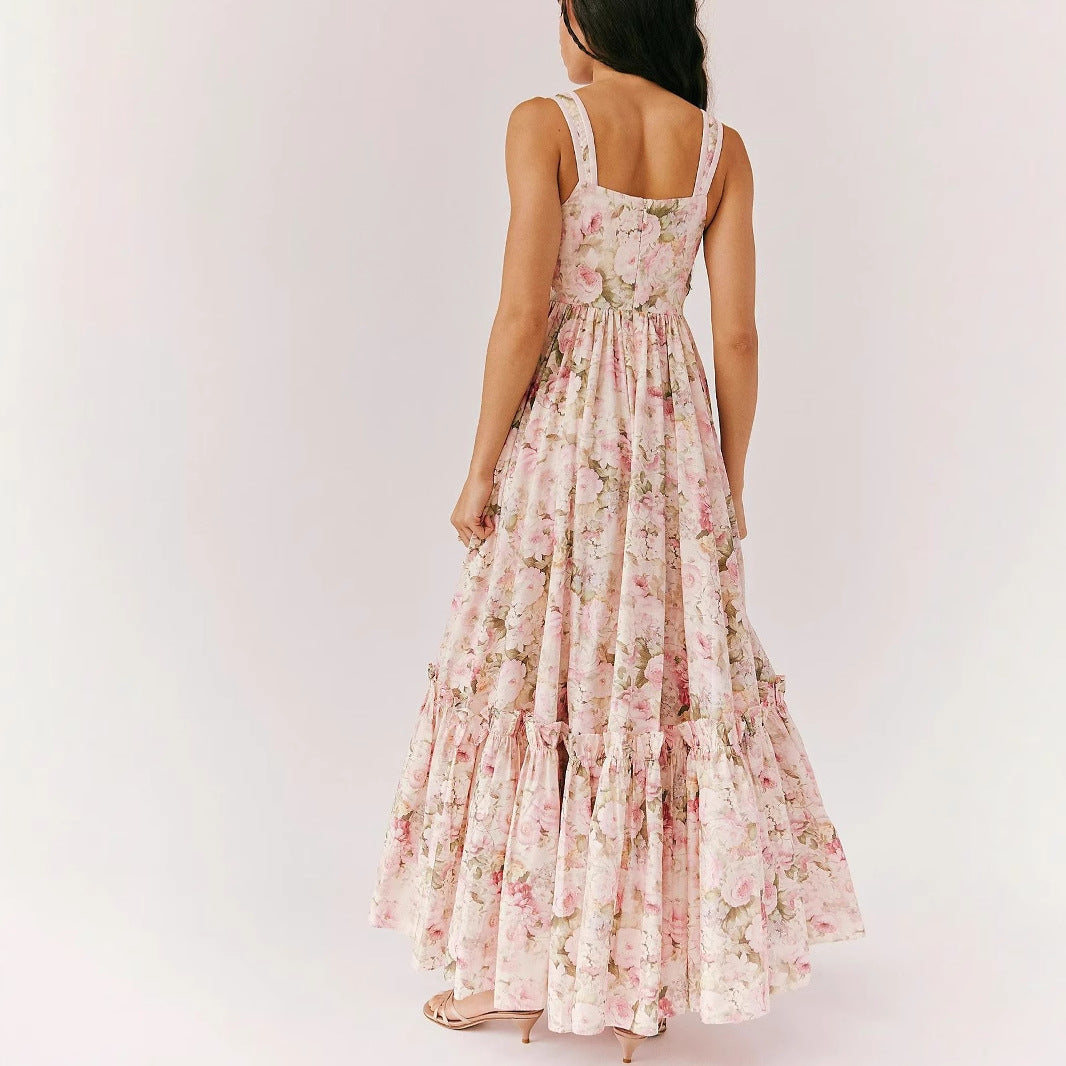 Women's Maxi Dress – Chiffon – Pleated Bohemian Style – Spaghetti Strap – Floral Print