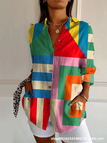 Women’s Blouse – Long-Sleeve Relaxed Fit – V-Neck Abstract Print – Modern Casual